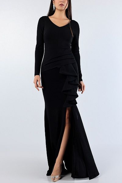 Secret Passion Lingerie Μαύρο μακρύ φόρεμα με σχισμή με βολάν V λαιμόκοψη 129290 W