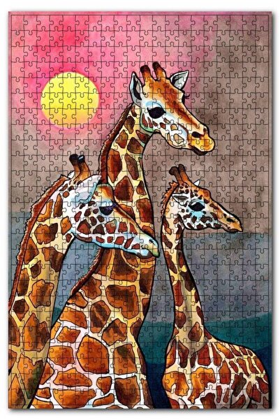 Cakapuzzle الزرافات والشمس الملونة البرتقالية 255 قطعة لغز الصور المقطوعة Mdf...