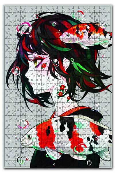 Cakapuzzle أحجية الصور المقطوعة للفتاة اليابانية والأسماك الذهبية المكونة من ...