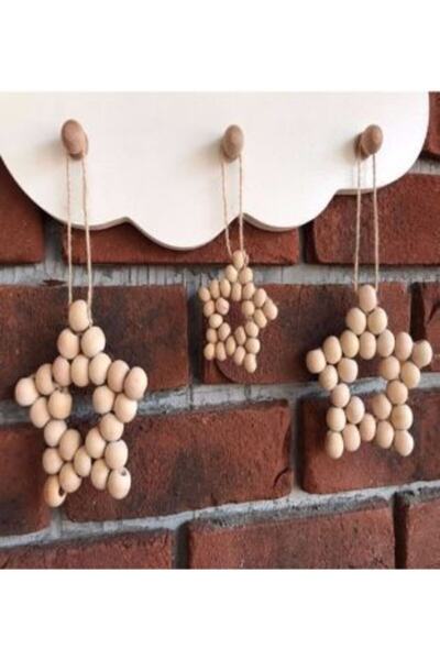 DECORABUTİK Dekoratif Ahşap Boncuklu Yıldız 3'lü Set