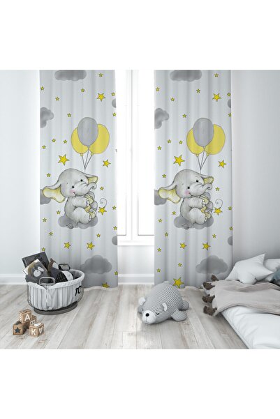 MEKTA HOME Bebek Ve Çocuk Odası Sevimli Yavru Fil Desenli Fon Perde Mktyfp-004