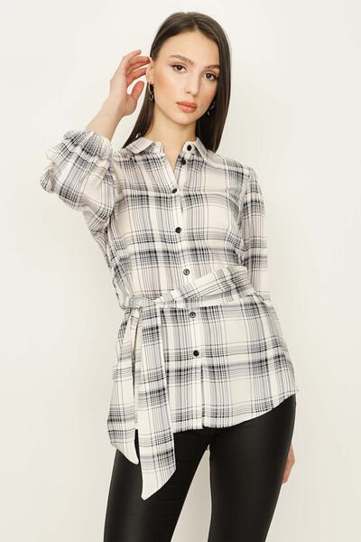 Select Moda Kadın Krem Kareli Kolları Lastikli Kuşaklı Gömlek