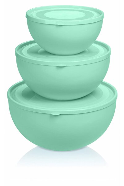 Melkan Home Round Bowl with Lid Set of 3 Pastel Green Color (0.6L 2.5L 4L)