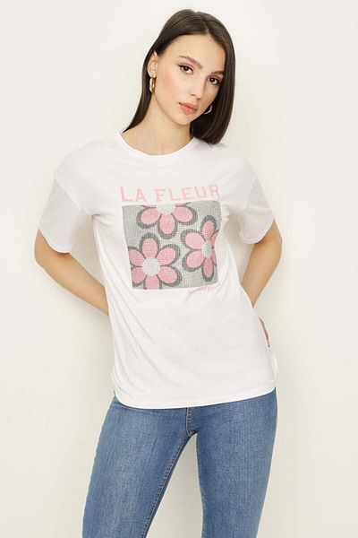 Select Moda Women's White Front Stone Printed Basic T-shirt