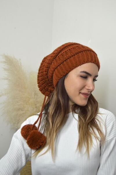 DGR Winter Çift Ponponlu Kiremit Kadın Bere