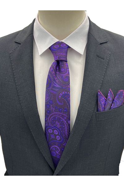 Brianze Purple Shawl Pattern Necktie Handkerchief Set