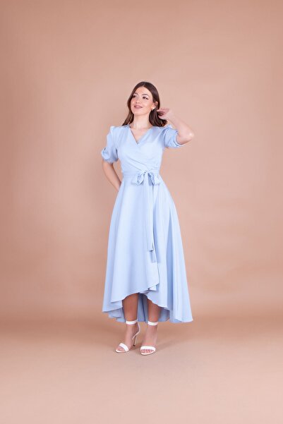 Bidoluelbise Kadın Bebe Mavisi Beden Asimetrik Kesim Elbise
