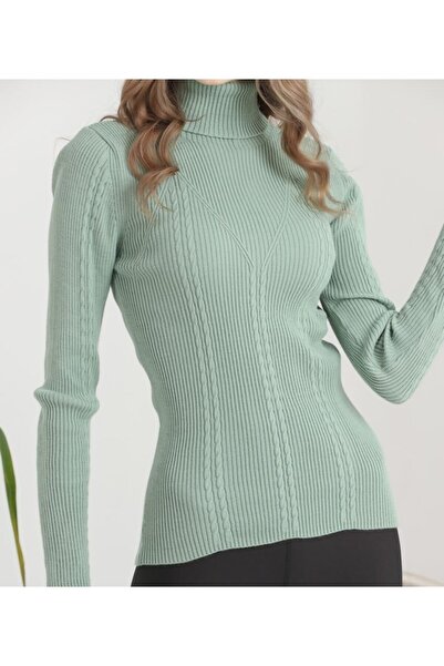 VEGENZE Γυναικείο πράσινο πράσινο ζιβάγκο με ραβδώσεις με πλεξούδα μαλλιών με μοτίβο πουλόβερ πουλόβερ