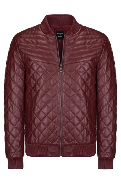 Basics&More Erkek Kapitoneli Bordo Hakiki Deri Ceket