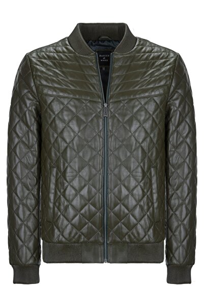 Basics&More Men's Quilted Khaki Genuine Leather Jacket