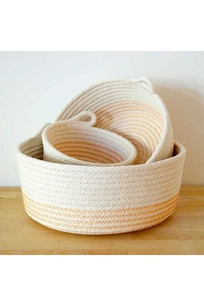 HandmadeSNM طقم سلة تنظيم من القطن الطبيعي مكون من 3 قطع - ديكور مصنوع يدويًا