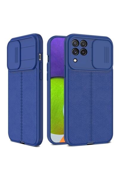 Fibaks Samsung Galaxy A22 - M22 - M32 Uyumlu Kılıf Sürgülü Slide Kamera Korumalı Deri Görünümlü Silikon