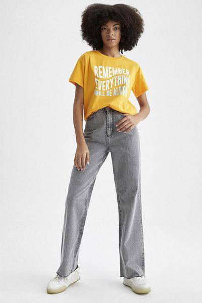 DeFacto Regular Fit Crew Neck Slogan Printed Short Sleeve 100% Cotton T-Shirt