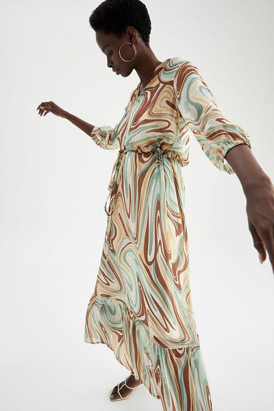 DeFacto Patterned Flounce Detailed Midi Chiffon Dress