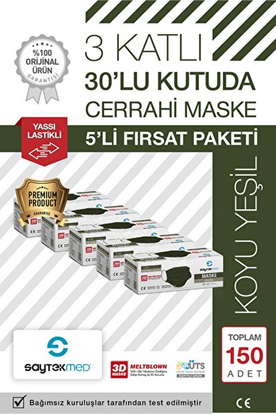 SAYTEKMED Meltblown Filtreli, Yassı Ipli, 3 Katlı Haki/koyu Yeşil Cerrahi Mas...