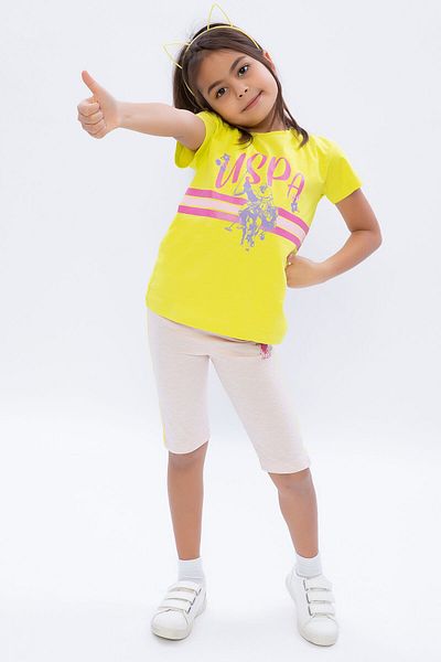 U.S. Polo Assn. Base. Polo Assn Lemon Yellow Girl's Crew Neck Bermuda Tights Set