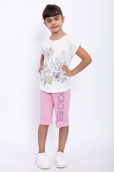 U.S. Polo Assn. طقم كابري فلامينجو كريمي للبنات