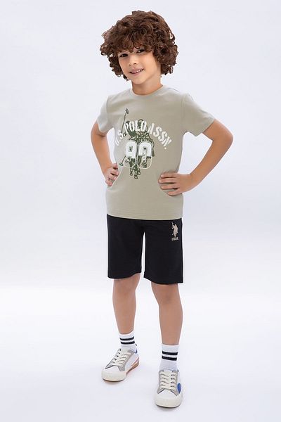 U.S. Polo Assn. База. Черен костюм Polo Assn за момче с кръгло деколте в светъл цвят каки