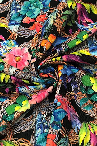 SUZANİ Siyah Zemin Renkli Çiçekler Desenli Dijital Baskılı Kumaş Kms-1345