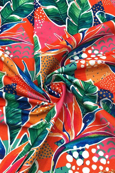 SUZANİ Turuncu Zemin Tropikal Yaprak Desenli Dijital Baskılı Kumaş Kms-1352