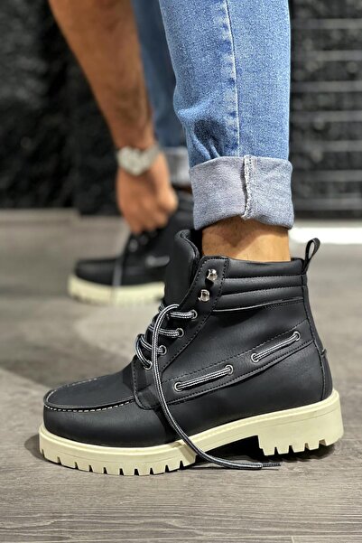Mida Shoes Siyah Deri Yüksek Beyaz Taban Bağıcıklı Erkek Bot
