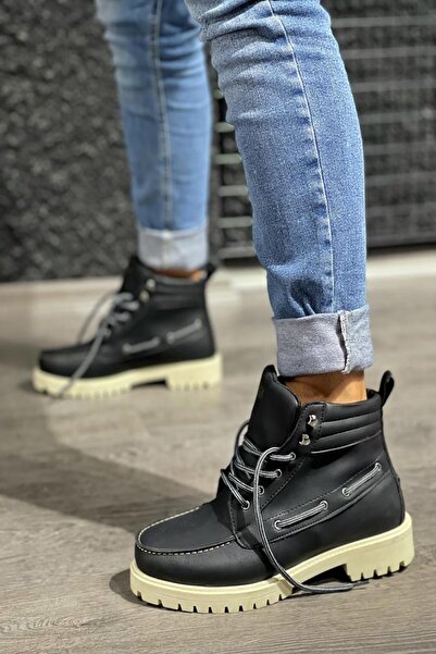 Mida Shoes Siyah Deri Yüksek Beyaz Taban Bağıcıklı Erkek Bot