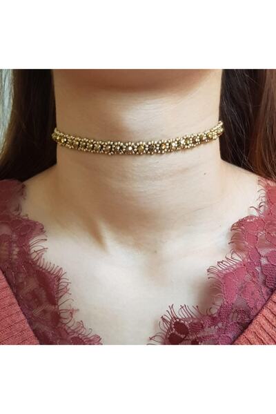 Handmade By HLY قلادة Choker مصنوعة يدويًا من الكريستال الذهبي