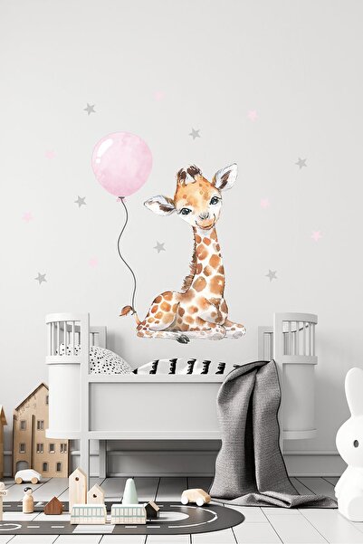 TUGİBU Zürafa Ve Pembe Balonu Çocuk Bebek Odası Duvar Sticker Seti