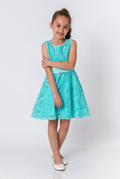 incity Girl's Bow Detailed Mint Green Lace Dress