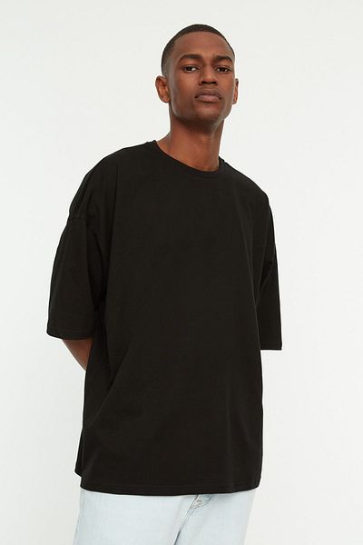Trendyol Collection Κείμενο τυπωμένο μαύρο βαμβακερό μπλουζάκι μεγάλου μεγέθους - TMNSS21TS1698