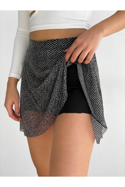 Fav Style Women's Striped Patterned Mini Skirt with Shorts Anthracite