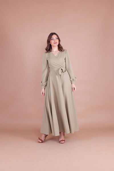 Bidoluelbise Women's Soft Green Double Breasted Collar Belted Maxi Length Dress