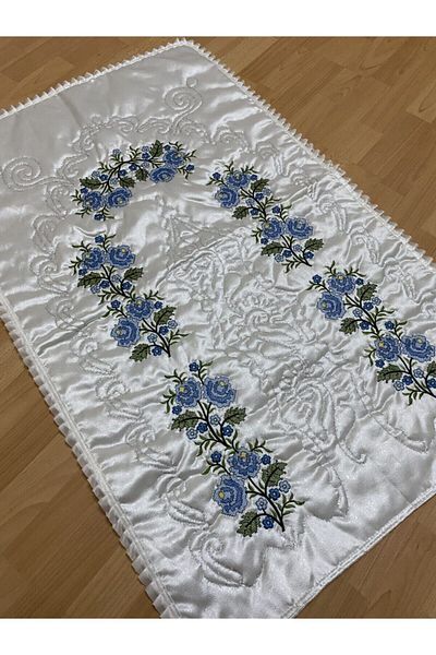 AYHANHOME Cream*blue Dowry Canvas Embroidered Satin Prayer Rug