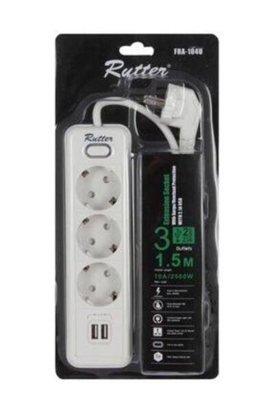 RUTTER Anahtarlı Akım Korumalı 3'lü Grup Priz 2 Usb'li 1.5 Metre
