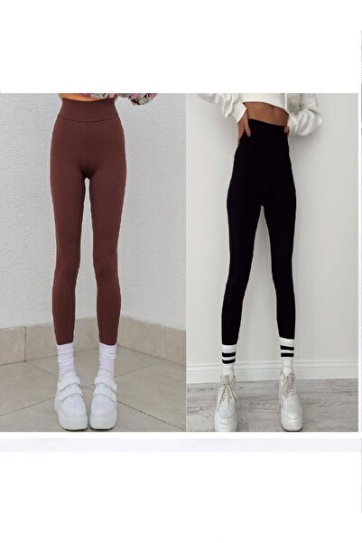 Kadın Modası Μαύρο και πικρό καφέ πλεκτό ψηλόμεσο αθλητικό κολάν