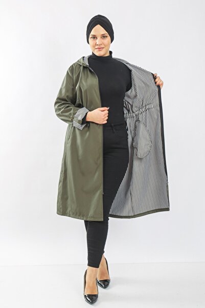 Aşkı Endam Women's Plus Size Double Sleeve Stripe Patterned Bondit Hooded Trench