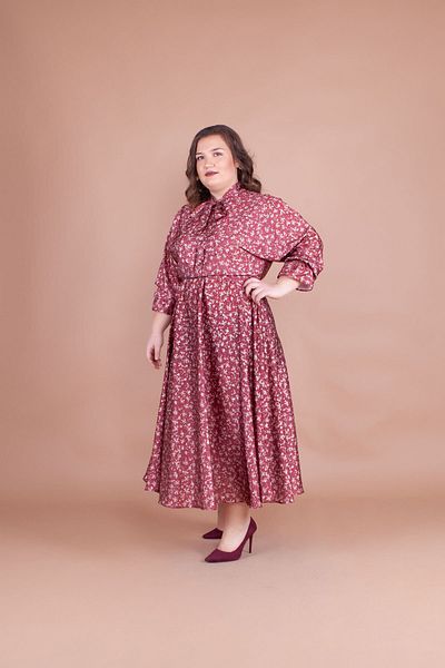 Bidoluelbise Women's Burgundy Floral Patterned Satin Bat Sleeve Midi Dress
