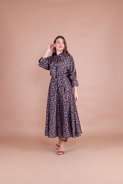 Bidoluelbise Women's Black Floral Patterned Satin Bat Sleeve Midi Dress