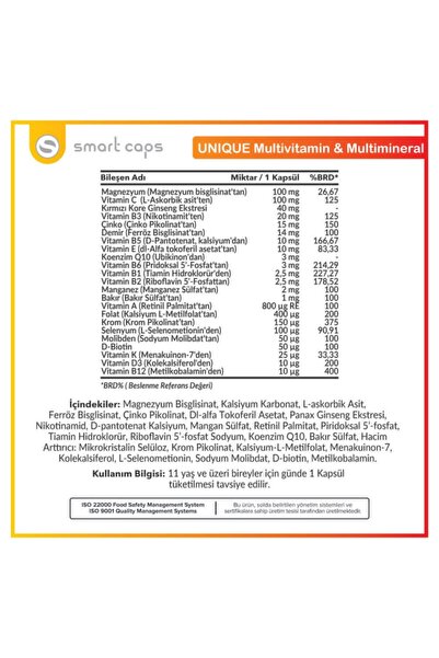 Smartcaps Unique Multivitamin & Multimineral Ginseng, Q10 / 30 Kapsül