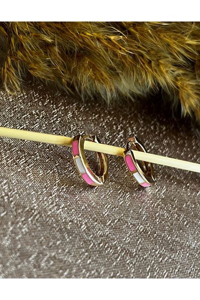 Markiz Takı Pink - White Enamel Small Hoop Earrings 1 cm
