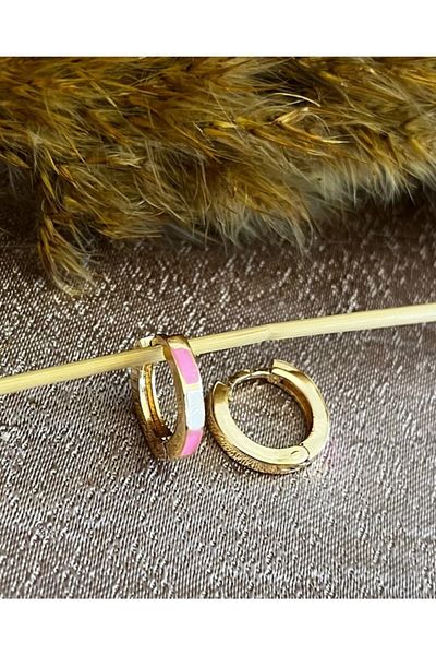 Markiz Takı Pink - White Enamel Small Hoop Earrings 1 cm
