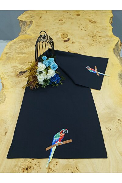 Tanem Home ببغاء كتان مستورد مطرز مقاس 40×140سم أسود