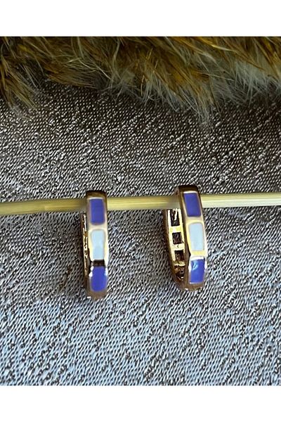 Markiz Takı Purple White Enamel Oval Earrings 2 Cm