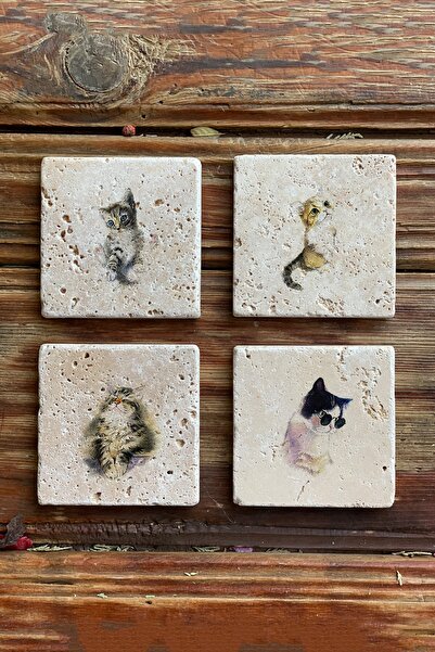 Oscar Stone Decor Taş Bardak Altlığı Stone Coasters Kedi Seti / Kediler