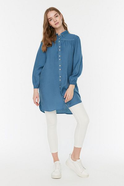 Trendyol Modest Indigó kontraszt varrású szőtt vászon megjelenés, természetes anyagból készült ing TCTSS22GO0380