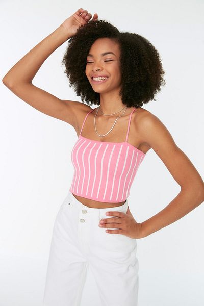 Trendyol Collection Ροζ Super Crop Color Block Πλεκτά Λεπτή Μπλούζα TWOSS22BZ1542