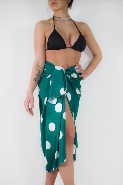 pistore Petrol Green Satin White Polka Dot Long Pareo Pareo Γυναικείο φόρεμα παραλίας Νέα σεζόν