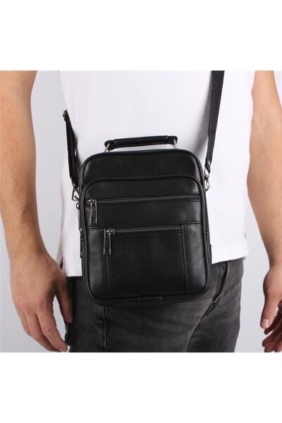 Bagacar Men's Black Leather Case Shoulder and Hand Strap Bag