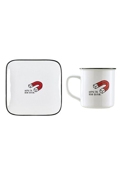 Paşabahçe All Side Find Me Ceramic Mug and Dessert Plate