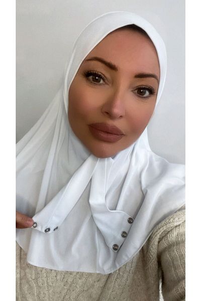 Nilbutik Women's Hijab White Snap Neck Collar Hijab Bonnet Model Scarf Shawl
